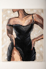 Female figure in a black dress. Drawing with acrylic paints on canvas.