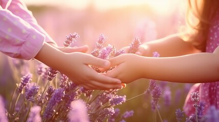 Mother and daughter holding hands in lavender field at sunset. Concept of loving children.