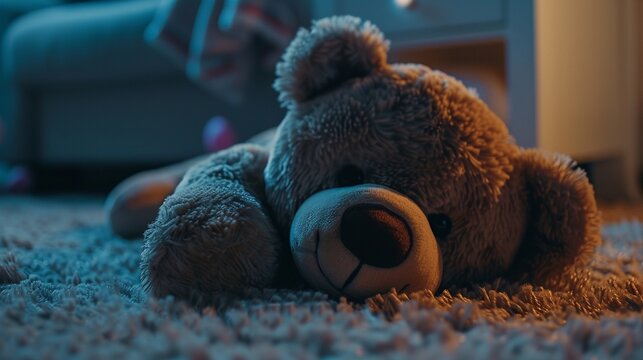 Bear doll lying on the carpet at home in the living room.