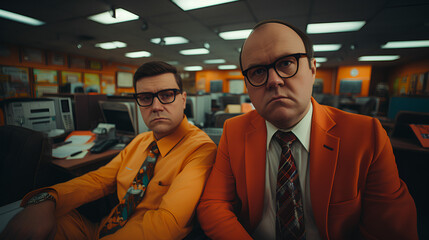 Eccentric and quirky office workers with serious expressions - awkward - idiosyncratic - uncomfortable - quirky charm - retro vibe - vintage feel - 1970’s style - business 