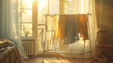 Cozy domestic scene with sunlight filtering through a window onto a simple clothes rack