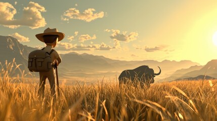 Cartoon digital avatars of a Savannah Sam, the diligent ranger preserving the serene landscape of the buffalo park.