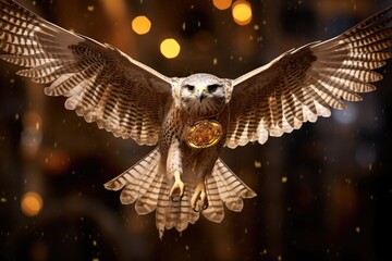 Horus Falcon Flight: Focus on jewelry with a falcon motif against a backdrop resembling a falcon in flight.