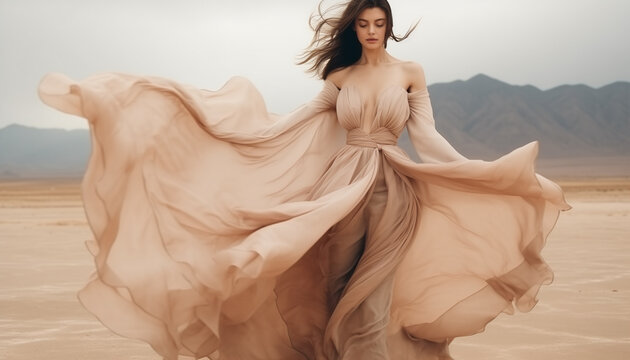 Fashion model in desert, tight long dress fluttering in breeze on cloudy day.