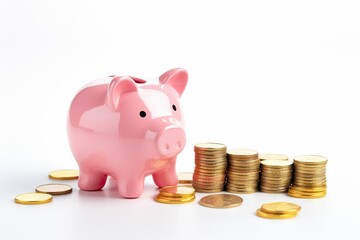 Piggy bank and gold coins on white background, piggy bank and coins on desktop, savings, money management, financial concept, wealth accumulation