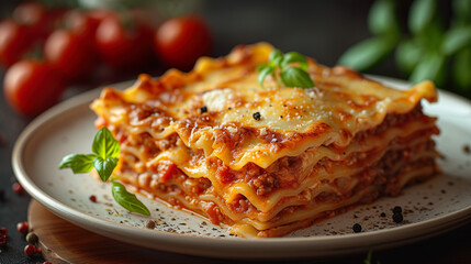 Appetizing lasagna with bolognese sauce with thin layers of pasta.