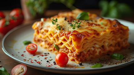 A succulent beef lasagna with tomato sauce. - obrazy, fototapety, plakaty