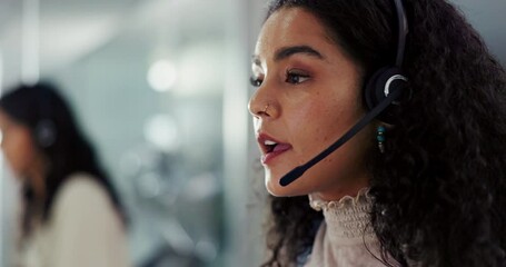 Face, call center and woman talking on headset for customer service, support or communication. Contact us, crm or consulting and happy young telemarketing agent in workplace with smile for assistance - Powered by Adobe
