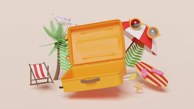 summer travel with open empty suitcase, beach chair, sunglasses, surfboard, umbrella, coconut tree isolated on orange background. concept, 3d illustration render, alpha channel