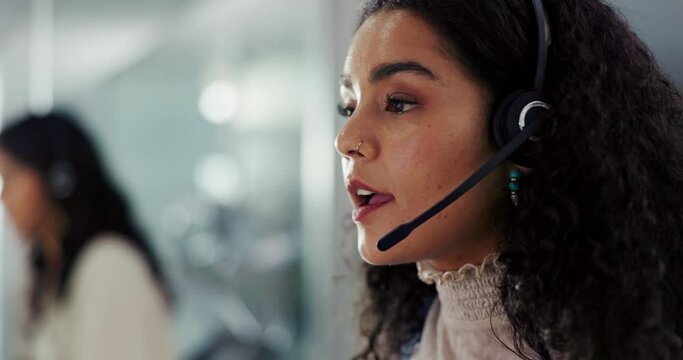 Face, call center and woman talking on headset for customer service, support or communication. Contact us, crm or consulting and happy young telemarketing agent in workplace with smile for assistance - Powered by Adobe