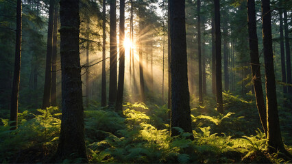 Obraz premium Sunlight piercing from the trees in a forest at the morning sunrise, natural beauty, sunlight beams in forest