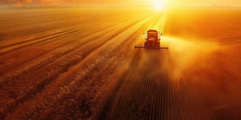 Fotobehang Aerial view of a harvester harvesting ripe wheat © Kien
