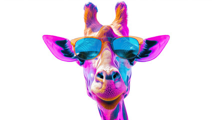 close up of a colorful giraffe wearing sunglasses isolated on white background. pop art