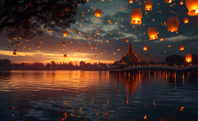 lanterns are flying in the water at night time