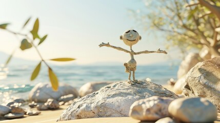 Cartoon digital avatar of Harmony Yogi Balancing on one foot, with eyes closed and a calm smile, on a secluded beach.