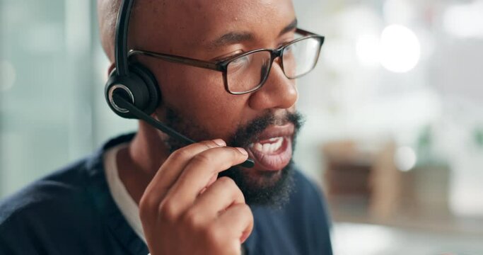 Business, speaking and call center with black man, communication and consultant in workplace. African person, employee or insurance agent with customer service and tech support with crm and help desk