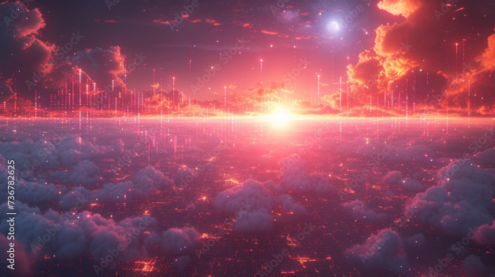 Poster a futuristic sunset scene with a bar graph hovering above the horizon displaying bond yields and int