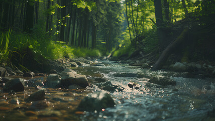 Morning sun shining through a lush forest onto a sparkling stream with smooth rocks and greenery.
