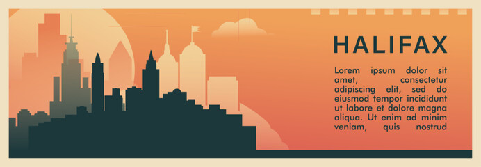 Halifax city brutalism vector banner with skyline, cityscape. Canada, Nova Scotia province retro horizontal illustration, travel layout for web presentation, header, footer