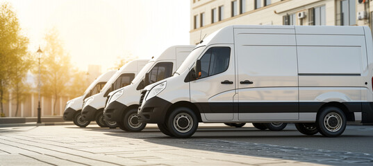 Fleet of white delivery vans ready for efficient and timely deliveries - obrazy, fototapety, plakaty