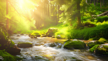 Morning sun shining through a lush forest onto a sparkling stream with smooth rocks and greenery.
