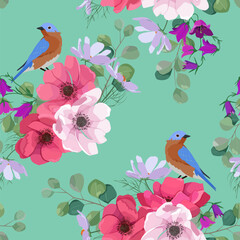 Seamless vector illustration with field bells, anemone, eucalyptus and birds
