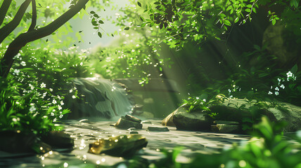 Naklejka premium Morning sun shining through a lush forest onto a sparkling stream with smooth rocks and greenery. 