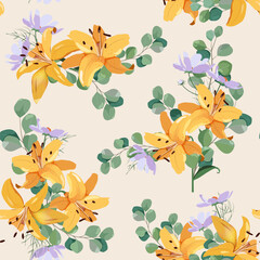 Beautiful yellow lilies and eucalyptus on a beige background.