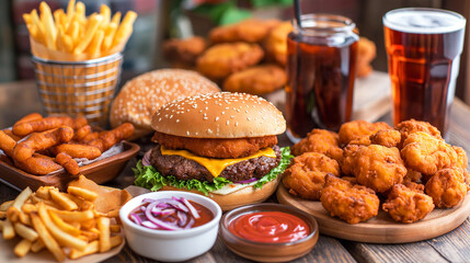 cheeseburger, fries, chicken fingers, chicken nuggets, onion rings, two glasses of beer, ketchup, and sliced onions on a wooden table