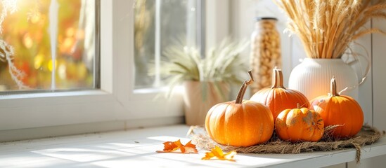 a bunch of pumpkins are sitting on a window sill . High quality - Powered by Adobe