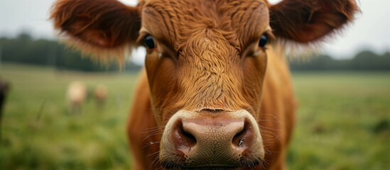 a close up of a brown cow standing in a field looking at the camera . High quality - obrazy, fototapety, plakaty