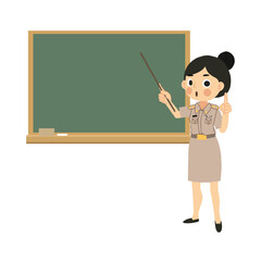 Classroom Learning. Asian Woman Educator Teaching with Pointer Stick and Chalkboard.
