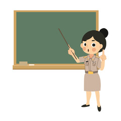 Classroom Learning. Asian Woman Educator Teaching with Pointer Stick and Chalkboard.