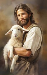 Jesus Christ the Tender Shepherd holding a little lamb in the style of watercolor