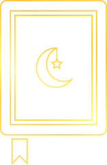 Golden holy Quran book with moon star icon symbol for holiday festival tradition religion decoration