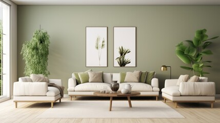 Interior of living room with white sofa and wooden coffee table