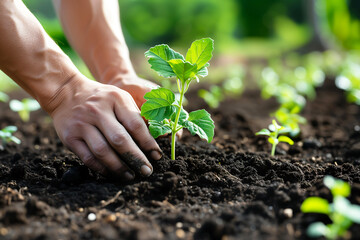 Eco-friendly lifestyle, a person planting a tree in a community garden on sustainability and growth, symbolizing the cycle of life and the beauty of gardening.