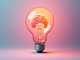 Abstract Brain Light Bulb Isolated on Pink Background. Generative AI