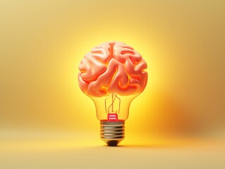 Abstract Brain Light Bulb Isolated on Yellow Background. Generative AI