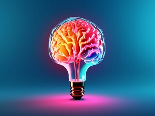 Abstract Brain Light Bulb Isolated on Blue Background. Generative AI