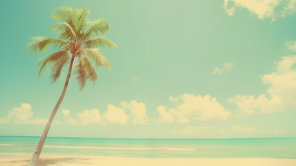 Fototapeta na wymiar Serene tropical beach scene with a single palm tree against a clear blue sky and fluffy white clouds. 