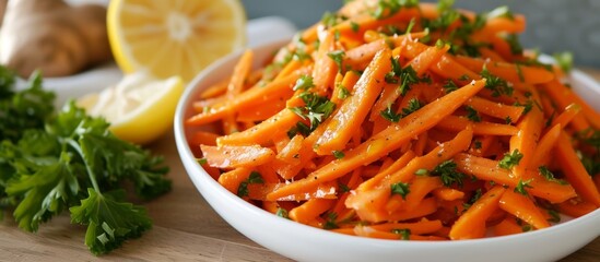 a bowl of carrots with parsley and lemon slices on a table . High quality - obrazy, fototapety, plakaty