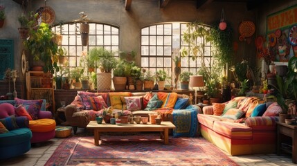 Interior design of a living room with colorful sofa and cushions