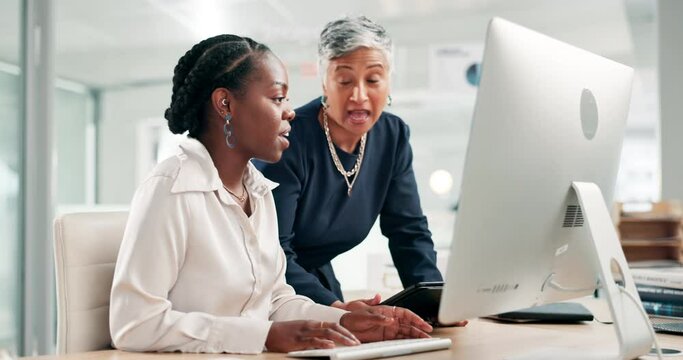 Training, help and business people with computer in office for project feedback, teamwork or advice. Corporate, coaching and black woman with senior mentor in collaboration, learning or brainstorming