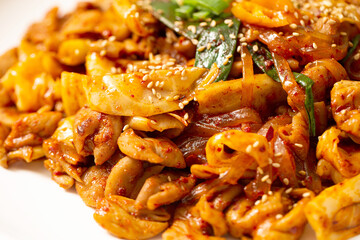 Spicy stir-fried sundae, Korean food 