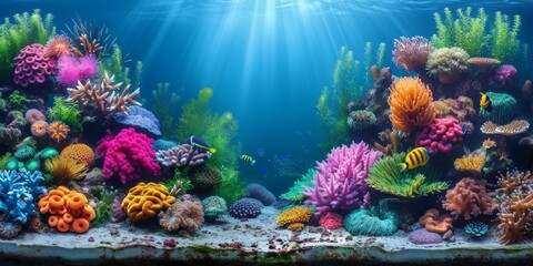 Naklejka na ściany i meble A Thriving Coral Reef Bustling with Marine Life, Illuminated by Sunlight Filtering Through the Ocean's Surface, Generative AI
