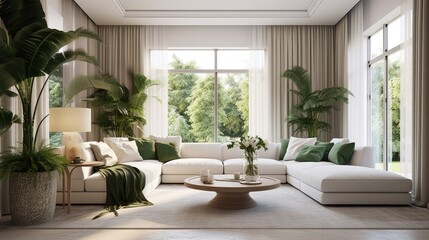 Living room interior with large window, sofa and plants.