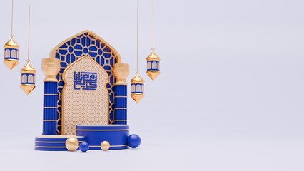 3D Render Ramadan podium background with mosque, pillar and islamic ornaments for banner template