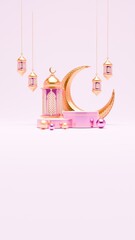 3D Render Ramadan Podium Background with lantern and islamic ornaments for social media story