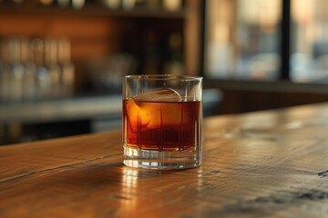 Close-up of a whiskey glass on a wooden bar